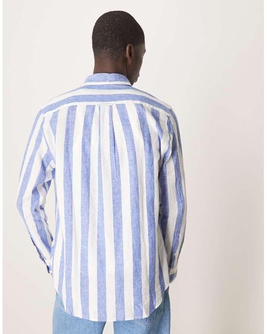 Camisa A Rayas Con Logo De Escudo De Algodón Y Lino De Gant de hombre de color Blue