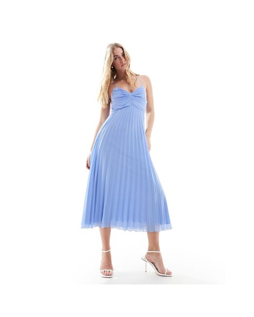 ASOS Blue Pleated Bodice Strappy Pleat Midi Dress With Tie Back Detail