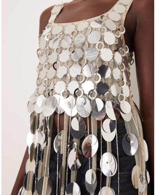 ASOS White Arrange Futurist Sequin Crop Top With Long 3D Fringe Hem