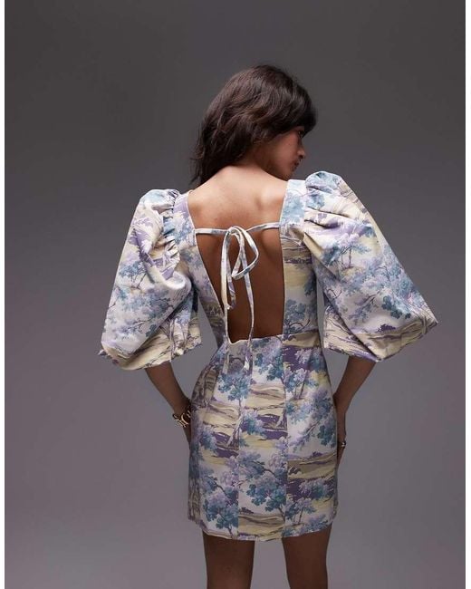 & Other Stories Multicolor Mini Dress With Puff Sleeves And Low Back