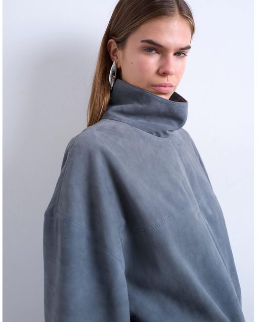 TOPSHOP Blue Real Suede Funnel Neck Cinch Waist Long Sleeve Mini Dress