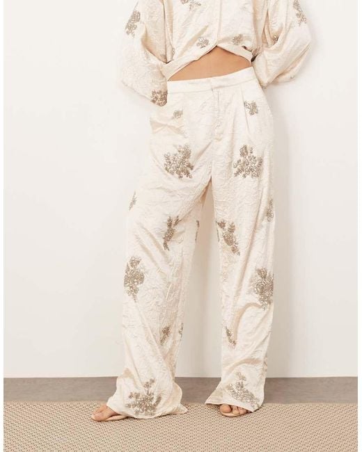 ARRANGE Natural Crinkle Satin Floral Embellished Trouser Co-Ord
