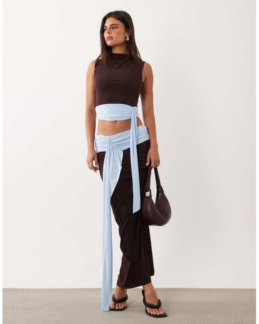 Missy Empire Brown Slinky High Neck Colourblock Drape Waist Detail Top Co-Ord
