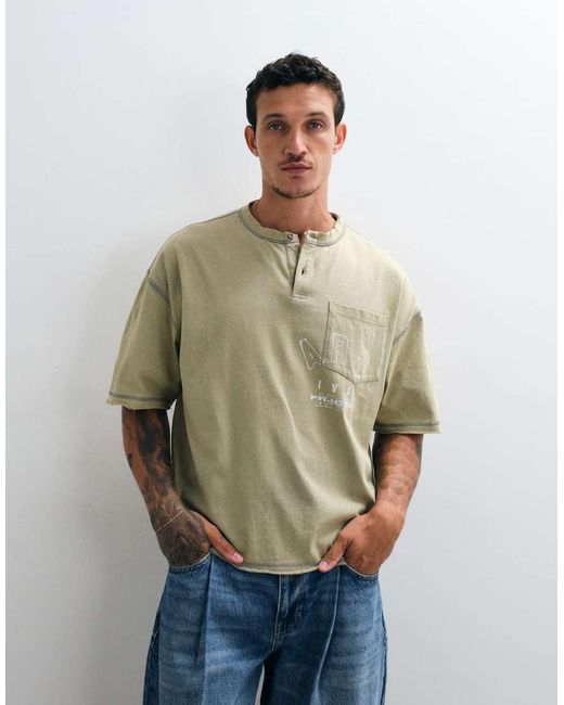 ASOS Green Boxy Oversized T-Shirt With Henley And Graphic for men