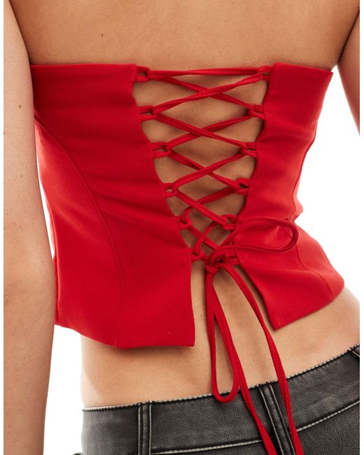Pull&Bear Red Bandeau Top With Lace Up Back