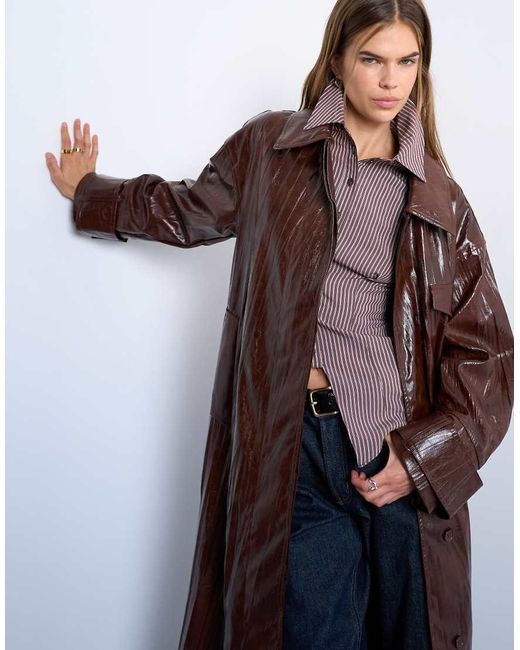 TOPSHOP Brown Faux Leather High Shine Trench Coat