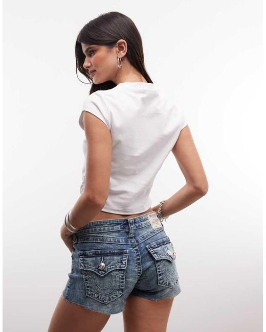 True Religion White Logo Crystal Embellished Crop Top With Side Rouching