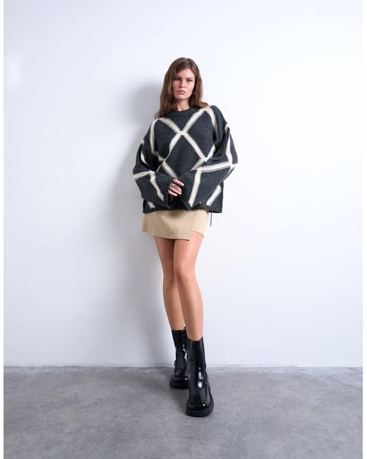 Pull en maille à losanges - anthracite TOPSHOP en coloris Multicolor