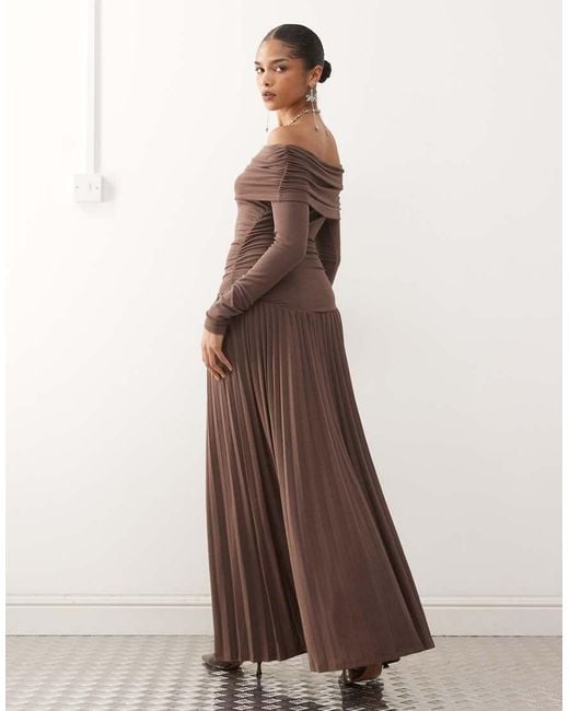 Lioness Brown Field Of Dreams Glitter Long Sleeve Foldover Bardot Ruched Drop Waist Pleated Maxi Dress