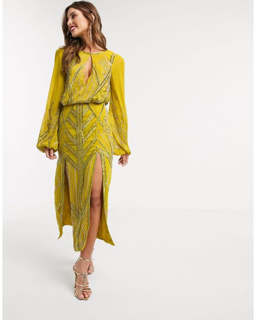 ASOS Eivissa - Midi-jurk Met Versiering En Blousonmouwen in het Yellow