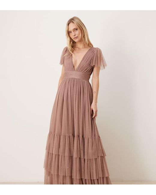 LACE & BEADS Brown Bridesmaid Madison Flutter Sleeve Maxi Dress