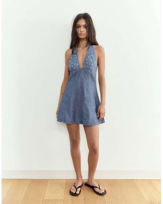 Pull&Bear Blue Short Studded Denim Dress