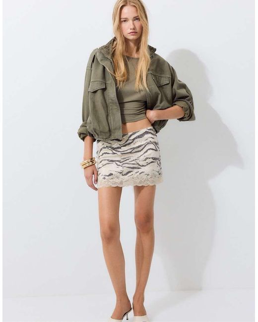 Stradivarius Natural Animal Print Sequin Mini Skirt