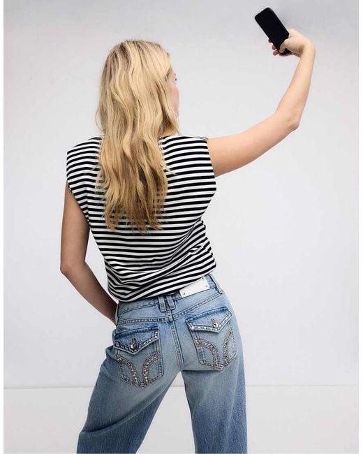 Stradivarius Blue Basic Striped Padded Shoulder T-Shirt