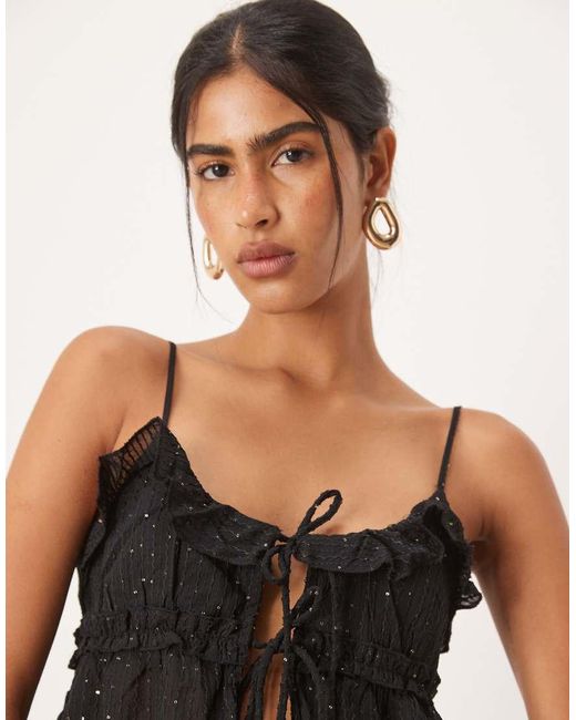 Pimkie Black Sequin Detail Ruffle Tie Front Cami Top Co-ord