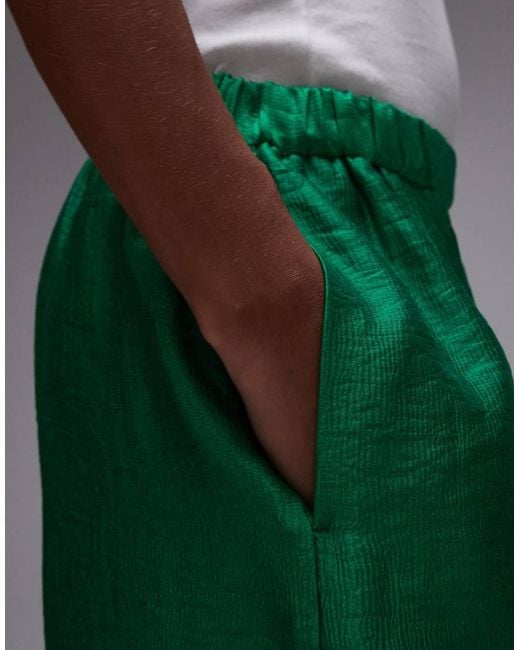 TOPSHOP Green Textured Satin Straight Leg Drawcord Trouser