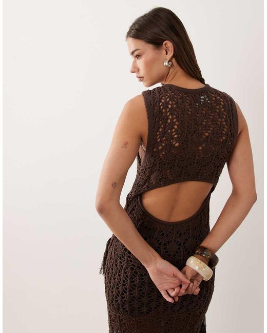 ASOS Brown Crochet Patchwork Open Stitch Maxi Dress With Fringing