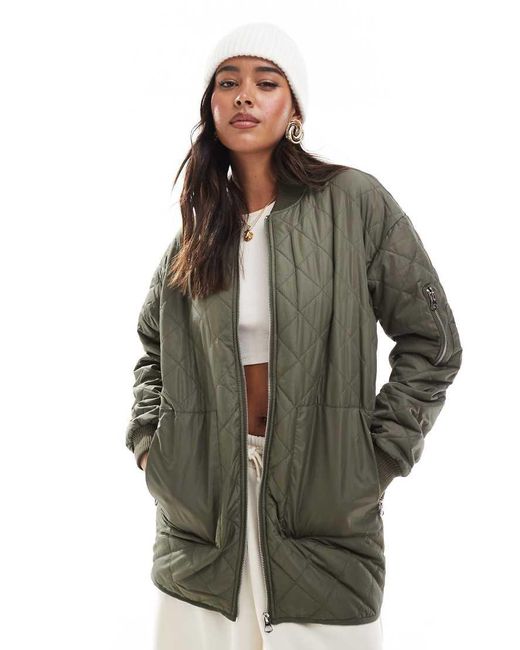 Wednesday's Girl Green Quilted Coccoon Longline Bomber Coat
