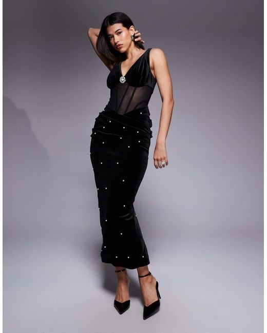 ASOS Blue Velvet Midi Dress With Sheer Corset And Pearl Details