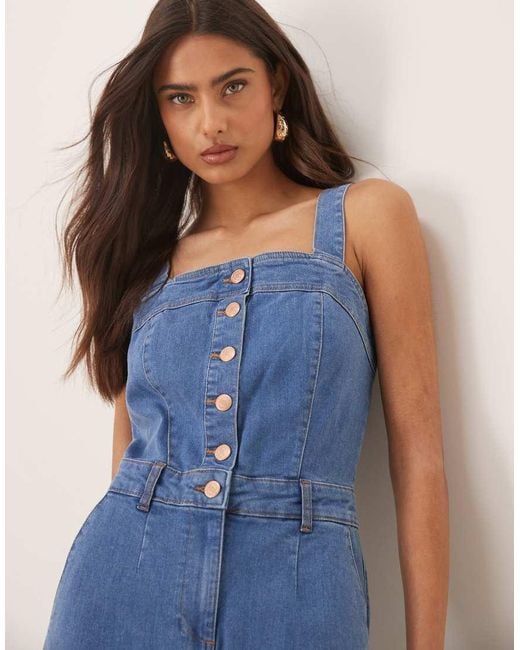 Nobody's Child Blue Aster Button Strappy Denim Jumpsuit