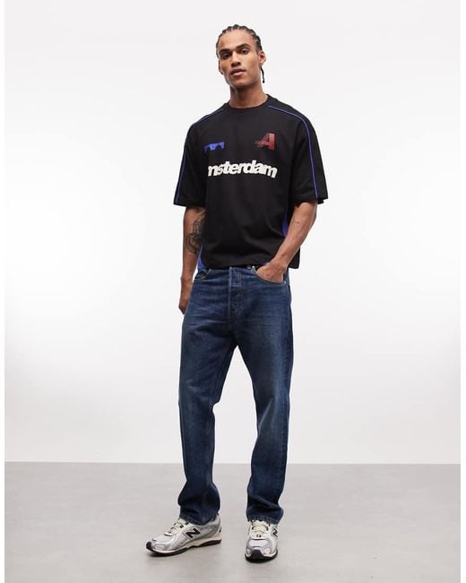 ASOS Blue Boxy Oversized T-shirt With Cut And Sew Paneling And Sports Graphics for men