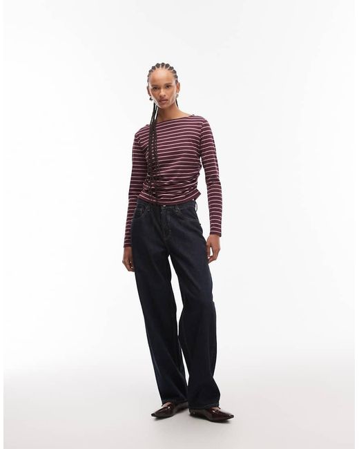 Reclaimed Vintage Purple Slash Neck Cinched Waist Long Sleeve T-shirt With Ruching Detail