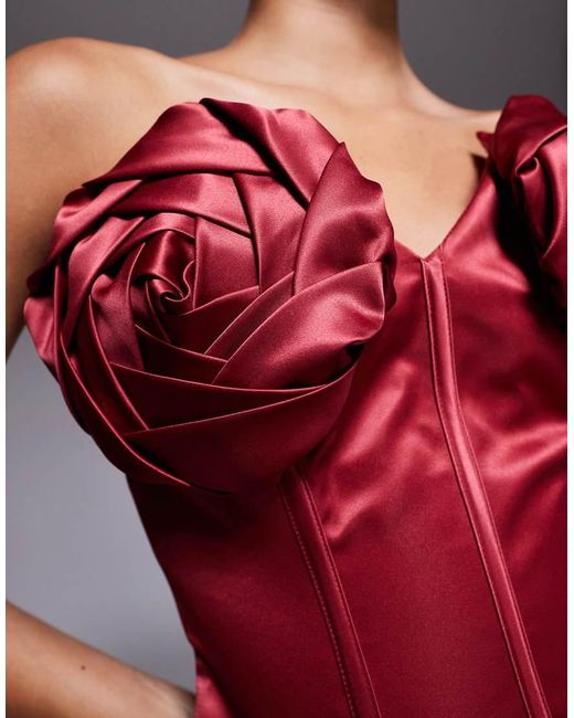 ASOS Red Bonded Satin Corset Bandeau Top With Corsage Detail