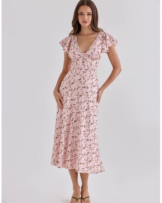 House Of Cb Pink Raye Vintage Floral Print Satin V-Neck Midi Tea Dress