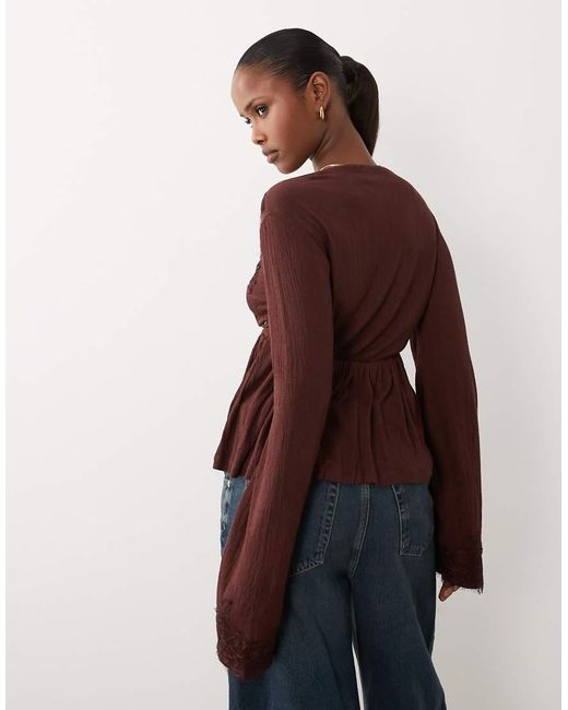 ASOS Brown Crinkle Lace Trim Plunge Top With Flare Sleeve