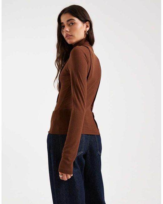 ASOS Brown Funnel Neck Long Sleeve Top With Exposed Seams