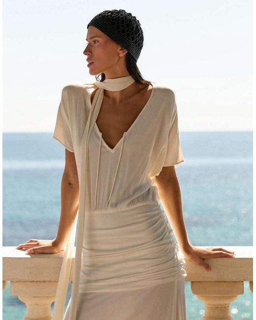 4th & Reckless White Sheer Mesh Tie Front Witted Waist Scarf Detail Maxi Beach Dress