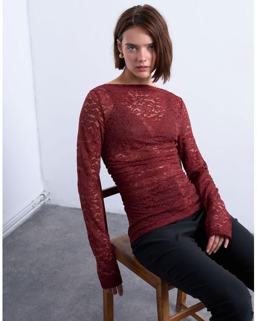 TOPSHOP Red Slash Neck Hitch Side Lace Top