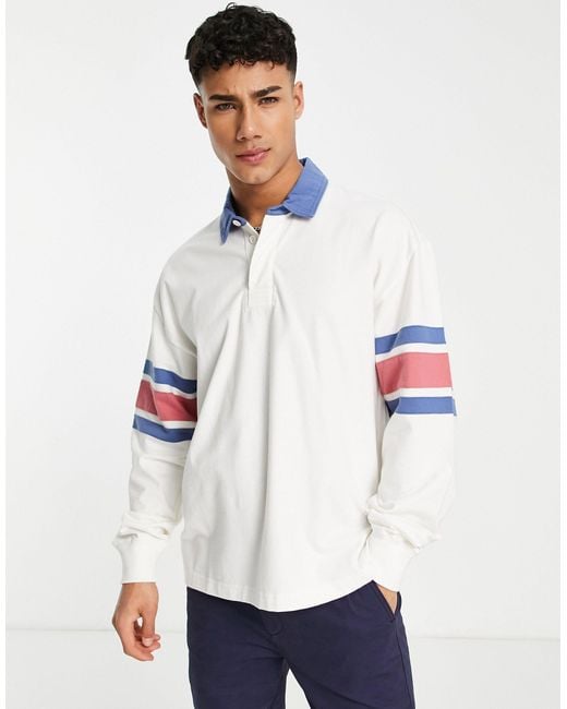 Abercrombie & Fitch Chest Stripe Oversized Rugby Polo in White for Men