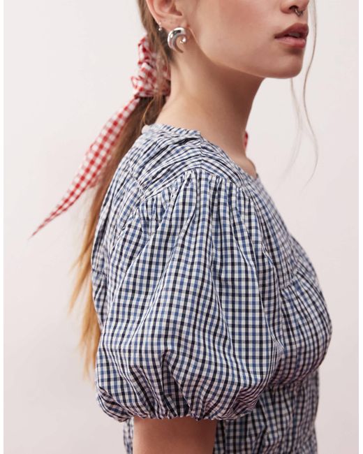 Top style western à manches courtes avec manches bouffantes et détail froncé - carreaux bleus Reclaimed (vintage) en coloris Blue