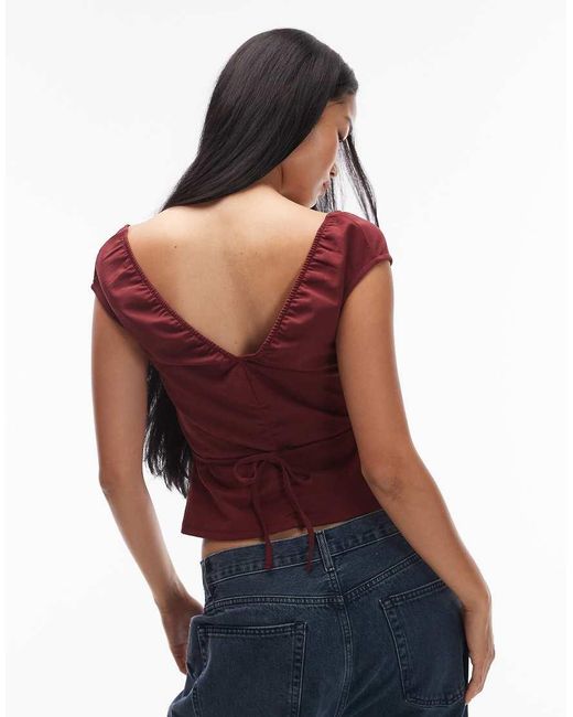 ASOS Red V-neck Ruched Top With Tie Back