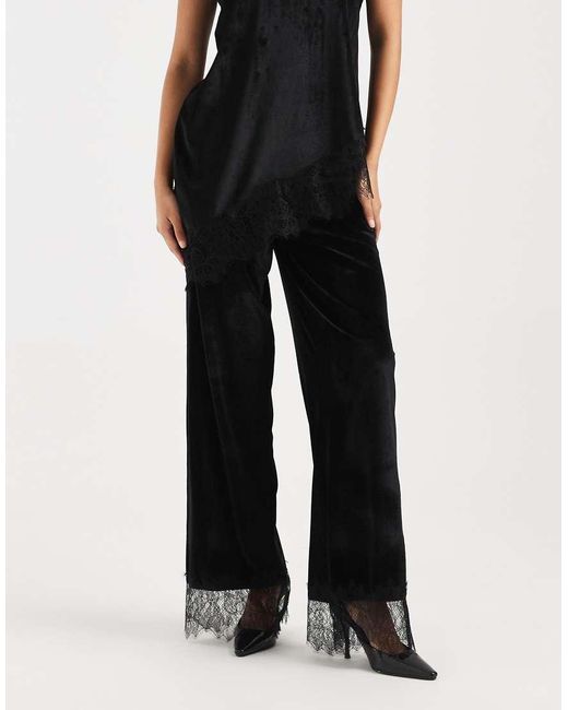 ASOS Blue Velvet Mid Rise Lace Hem Trousers Co Ord