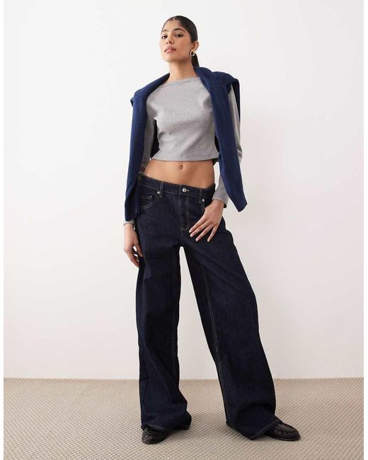 ASOS Blue Long Sleeve Slash Neck Top With Curved Hem Detail