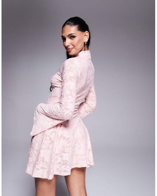 ASOS Pink High Neck With Flutter Full Length Sleeves And Godet Inserts Devore Mini Dress