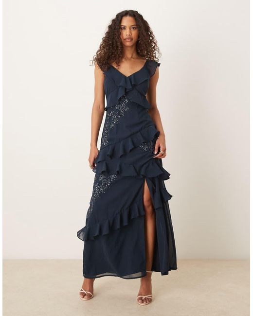 Maya Blue Embellished Strappy Ruffle Maxi Dress