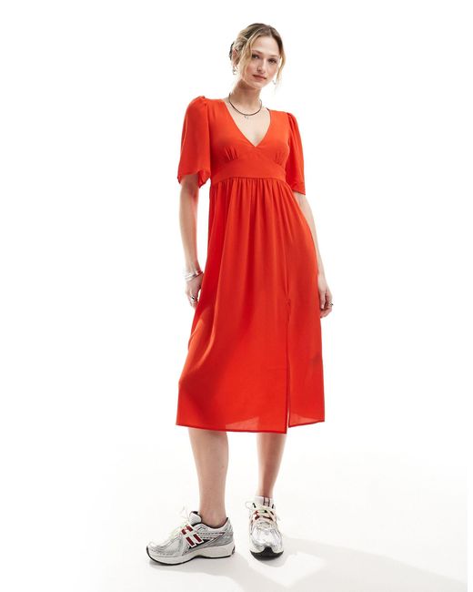 Monki Red Short Sleeve Midi Dress With Side Split