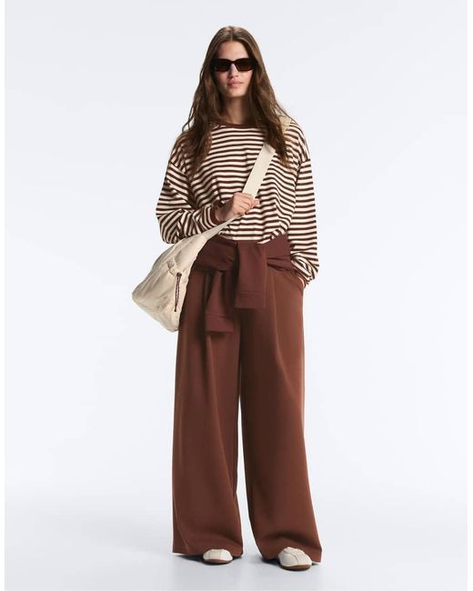Oysho Brown Wide-Leg High-Rise Piqué Trousers