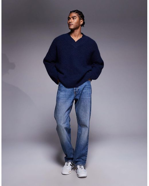 ASOS Blue Super Oversized Knitted V-neck Jumper for men