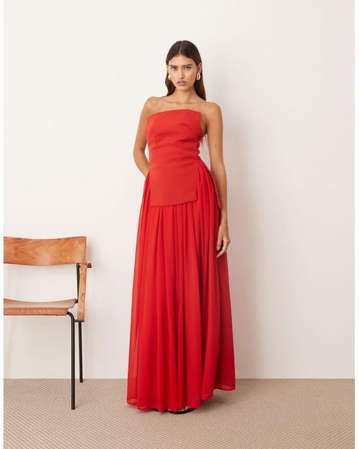 ARRANGE Red Structu Bandeau Maxi Dress With Voluminous Skirt