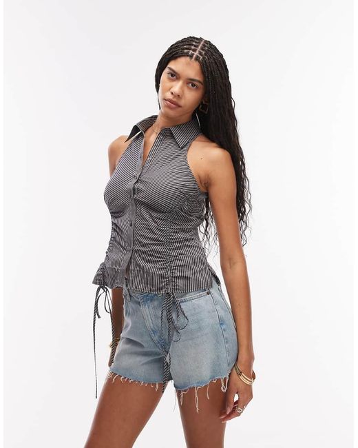 & Other Stories Blue Rich Cotton Sleeveless Ruched Halterneck Top