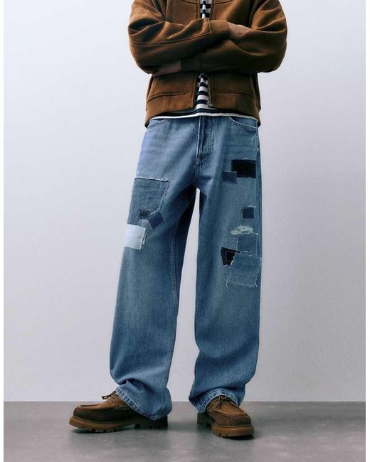 Pull&Bear Blue Baggy Patchwork Jeans for men