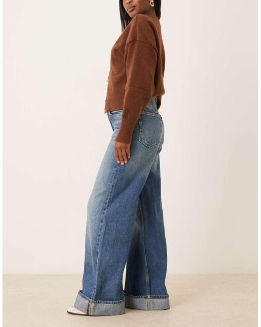 Mango Blue Cotton Wide Leg Turn Up Jean