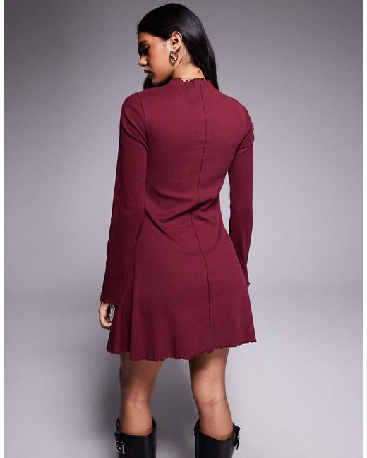 ASOS Red Ribbed Long Sleeve Lettuce Hem Mini Dress