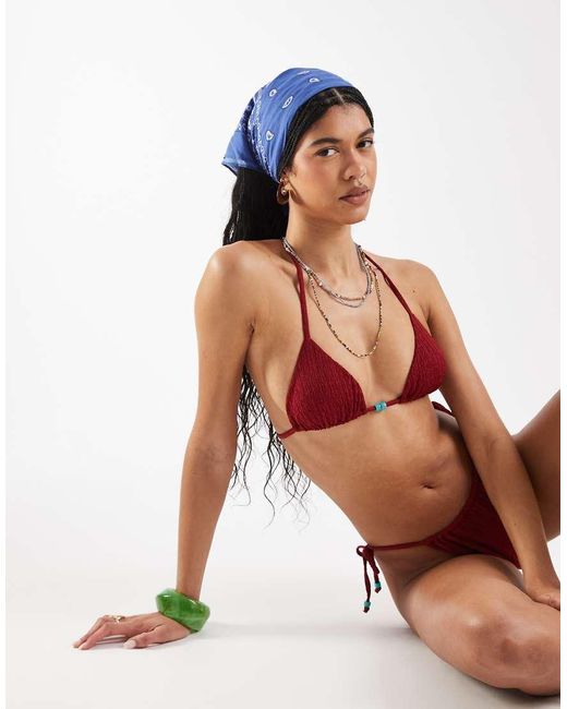 Reclaimed Vintage Red Triangle Bikini Top With Beads