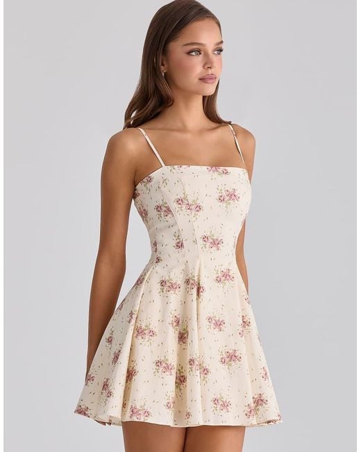 House Of Cb Natural Dolly Ivory Vintage Rose Print Cotton Flared Mini Sundress