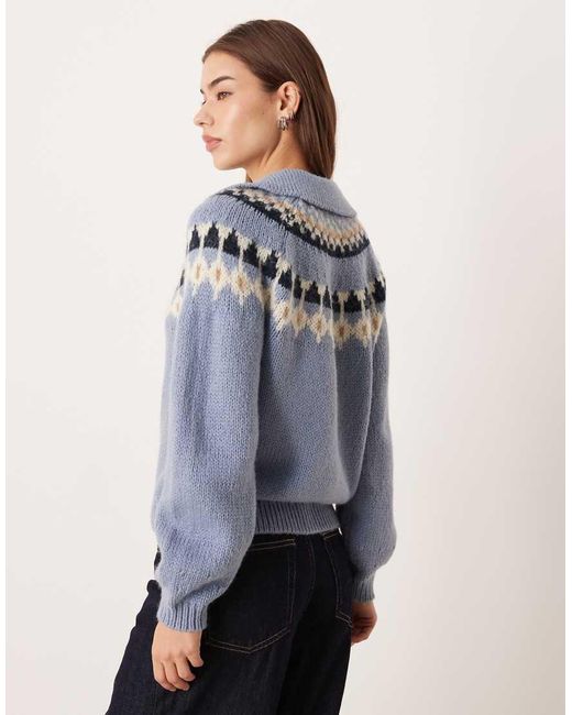 Aware Blue Chunky Wool Mix Fairisle Knitted Polo Neck Cardigan